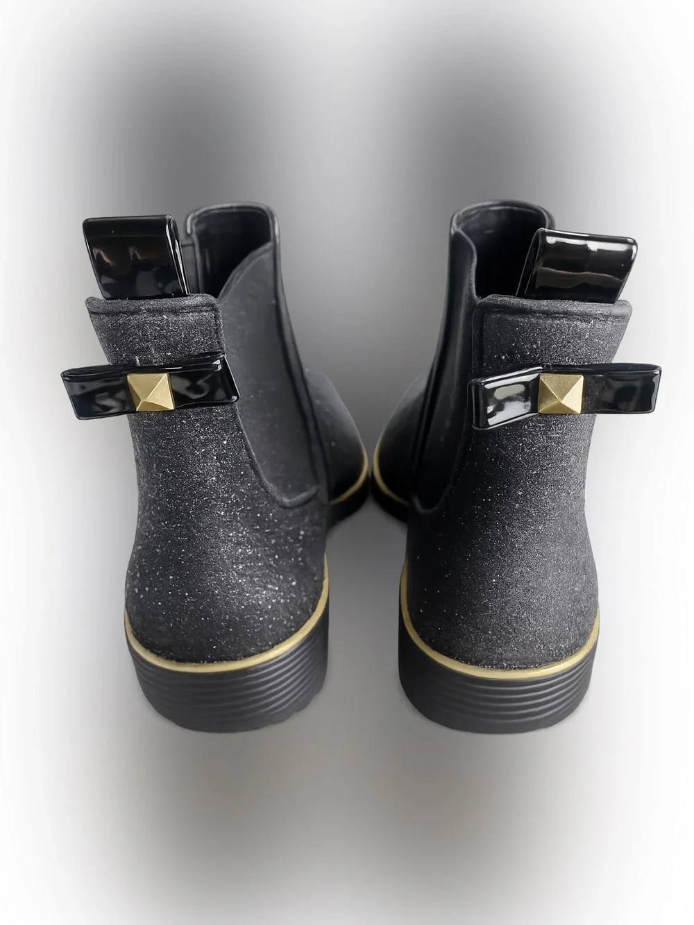 Kate Spade Sedgwick Chelsea Glitter Rain Boots Sz 7 Black Bow Gold Detail NWOB